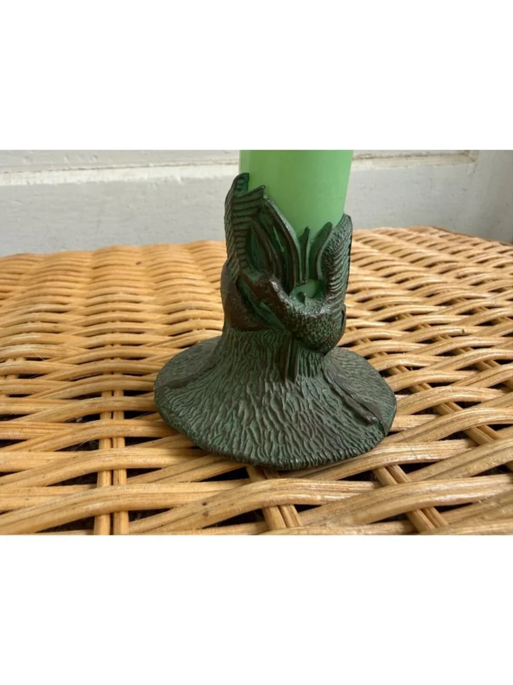 Antique 1910s Nouveau Green Opaline Glass Trumpet Bud Vase Metal Base
